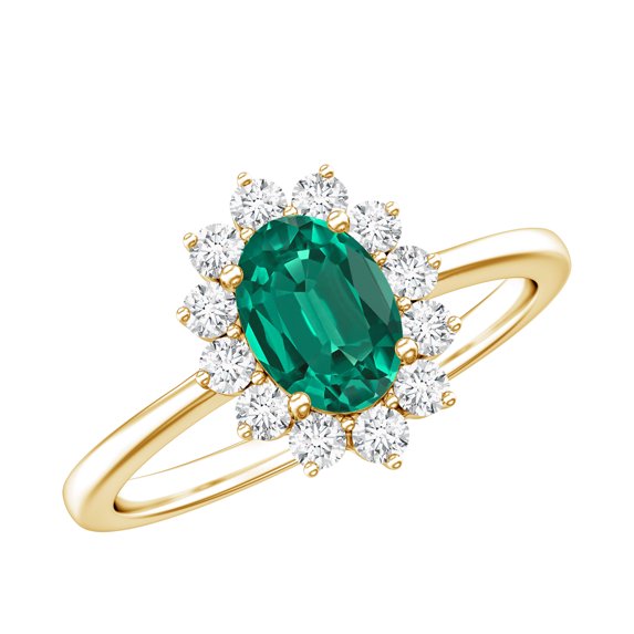 Rosec Jewels Certified Lab Grown Emerald Oval Engagement Ring (5X7mm, AAAA Grade) - Emerald Diamond Ring - with Jewelry Box, 14K Yellow Gold, US 9.00