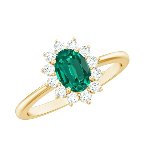 Rosec Jewels Certified Lab Grown Emerald Oval Engagement Ring (5X7mm, AAAA Grade) - Emerald Diamond Ring - with Jewelry Box, 18K Yellow Gold, US 12.50