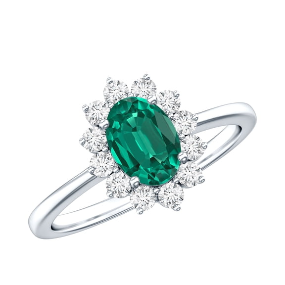 Rosec Jewels Lab Grown Emerald Oval Engagement Ring with Halo - 0.8 Ct - Emerald Diamond Ring for Women - AAAA Grade Certified, 10K White Gold, US 10.50