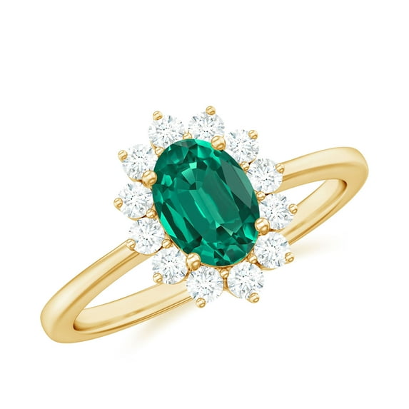 Rosec Jewels Lab Grown Emerald Oval Engagement Ring with Halo - 5X7 mm - Emerald Diamond Ring for Women - AAAA Grade Certified, 14K Yellow Gold, US 3.00