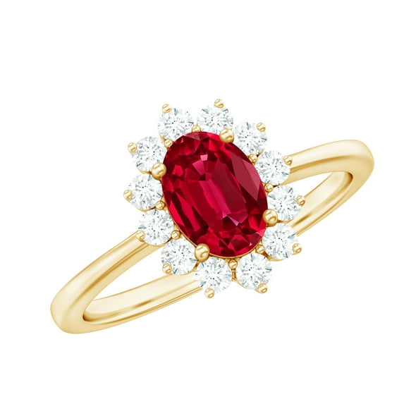 Rosec Jewels Certified Lab Grown Ruby Oval Engagement Ring with Halo - 6X8 mm - AAAA Grade - Ruby Diamond Ring - with Jewelry Box, 14K Yellow Gold, US 8.50