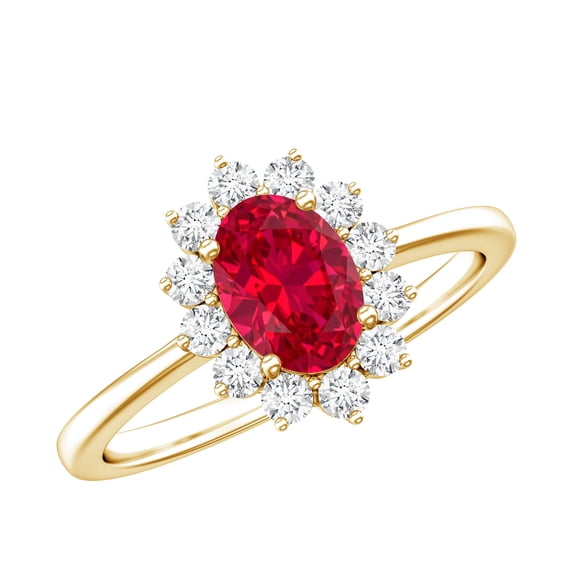 Rosec Jewels Certified Lab Grown Ruby Oval Engagement Ring with Halo - 6X8 mm - AAAA Grade - Ruby Diamond Ring - with Jewelry Box, 14K Yellow Gold, US 9.50