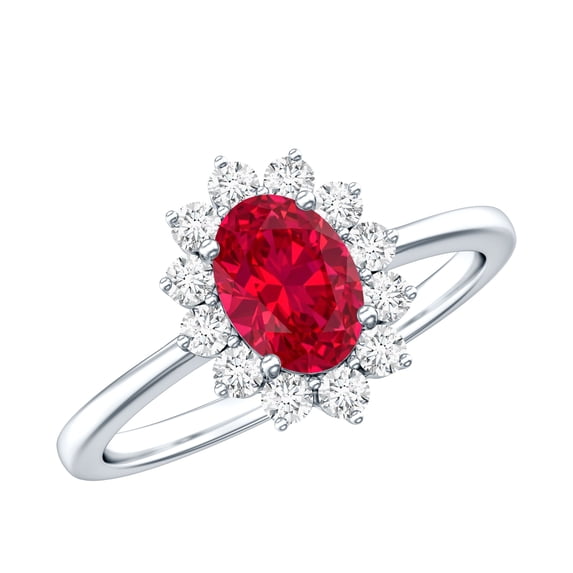 Rosec Jewels Certified Lab Grown Ruby Oval Engagement Ring with Halo - 6X8 mm - AAAA Grade - Ruby Diamond Ring - with Jewelry Box, 18K White Gold, US 11.00