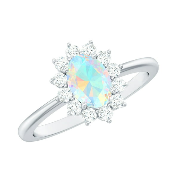 Rosec Jewels Princess Diana Inspired Ring, Oval Shape Ethiopian Opal Ring with Diamond Halo, 10K White Gold, US 10.00