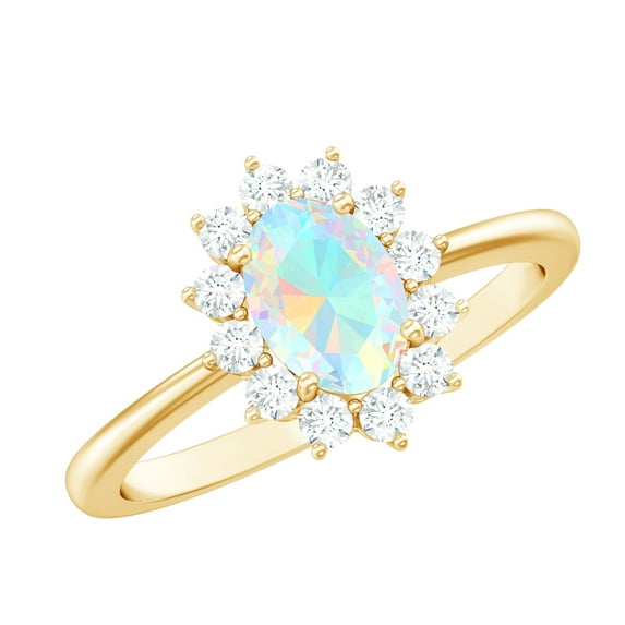 Rosec Jewels Princess Diana Inspired Ring, Oval Shape Ethiopian Opal Ring with Diamond Halo, 10K Yellow Gold, US 7.00