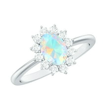 Rosec Jewels Princess Diana Inspired Ring, Oval Shape Ethiopian Opal Ring with Diamond Halo, 925 Sterling Silver, US 4.00