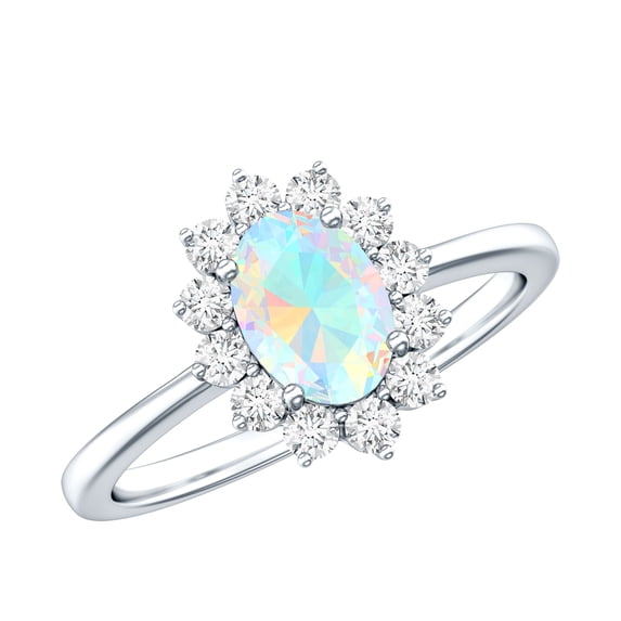 Rosec Jewels Oval Ethiopian Opal Engagement Ring with Diamond Halo - 5X7 mm - Princess Diana Inspired Ring - with Jewelry Box, 925 Sterling Silver, US 4.00