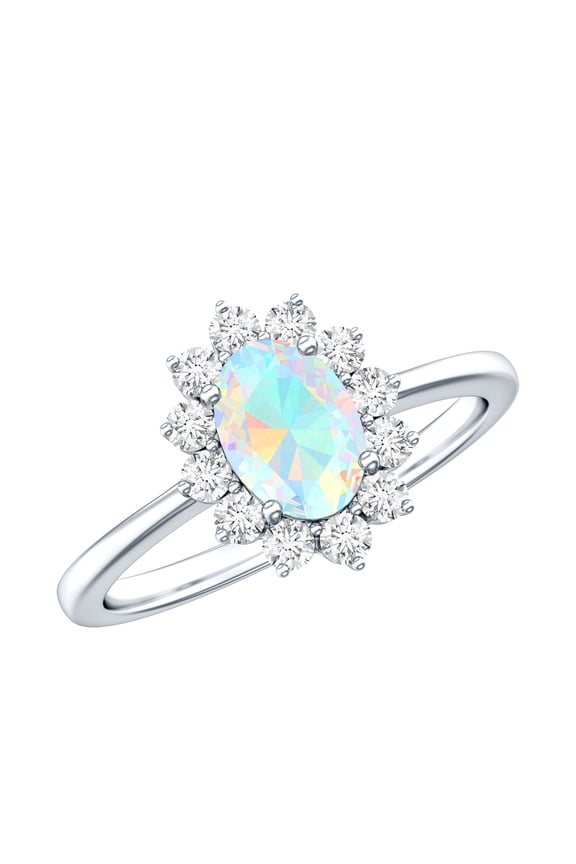 Oval Ethiopian Opal Engagement Ring with Diamond Halo - 0.9 Ct - Princess Diana Inspired Ring - with Jewelry Box, 925 Sterling Silver, US 4.00