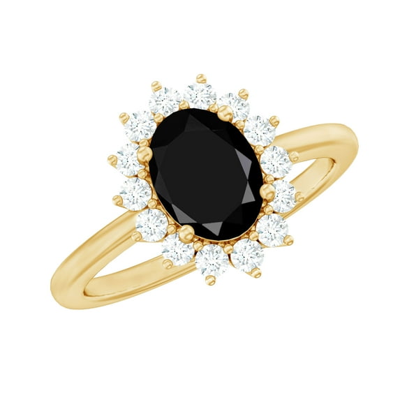 Rosec Jewels Natural Black Onyx Oval Engagement Ring with Halo (6X8mm, AAA Grade) - Black Onyx Diamond Ring - with Jewelry Box, 10K Yellow Gold, US 5.00