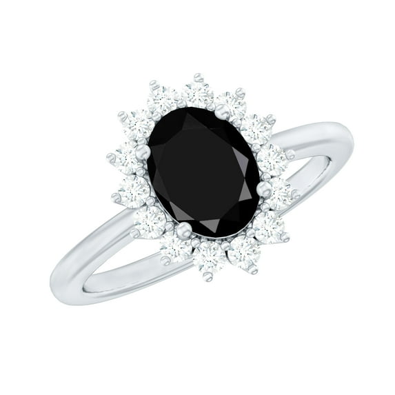 Rosec Jewels Natural Black Onyx Oval Engagement Ring with Halo (6X8mm, AAA Grade) - Black Onyx Diamond Ring - with Jewelry Box, 925 Sterling Silver, US 4.00