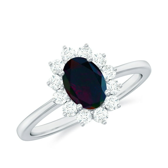 Rosec Jewels Princess Diana Inspired Ring for Women, Oval Black Opal Ring with Diamond Halo, 14K White Gold, US 7.00