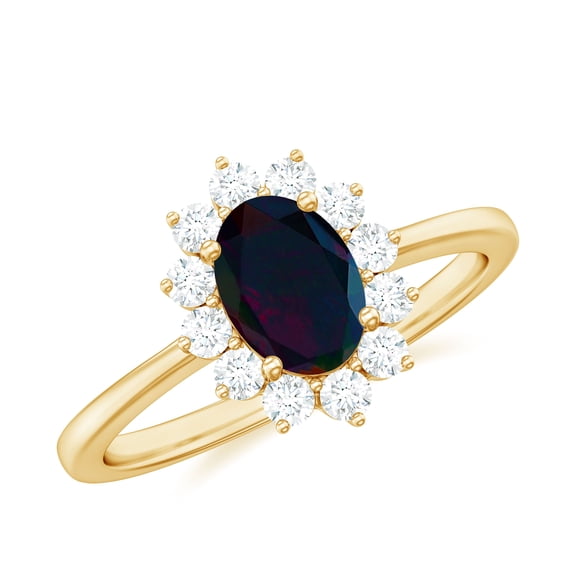Rosec Jewels Princess Diana Inspired Ring for Women, Oval Black Opal Ring with Diamond Halo, 14K Yellow Gold, US 3.50