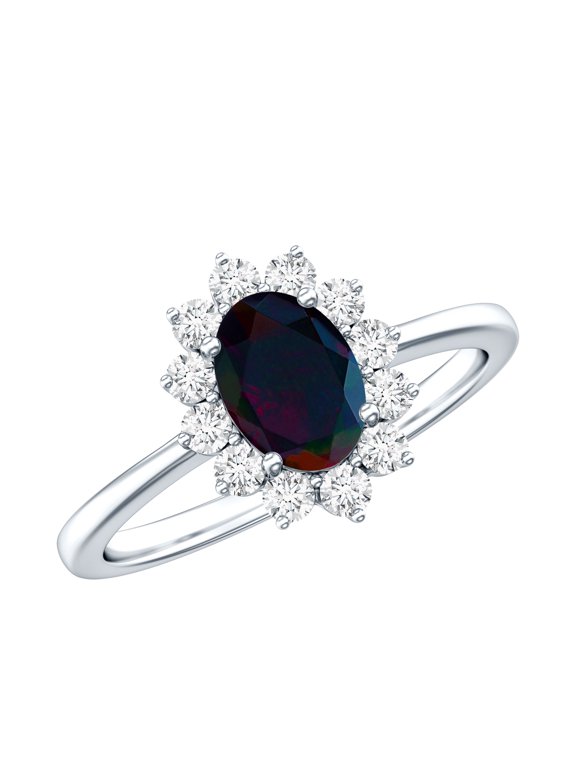Princess Diana Inspired Ring for Women, Oval Black Opal Ring with Diamond Halo, 18K White Gold, US 6.00