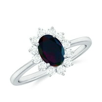 Rosec Jewels Princess Diana Inspired Ring for Women, Oval Black Opal Ring with Diamond Halo, 925 Sterling Silver, US 4.00
