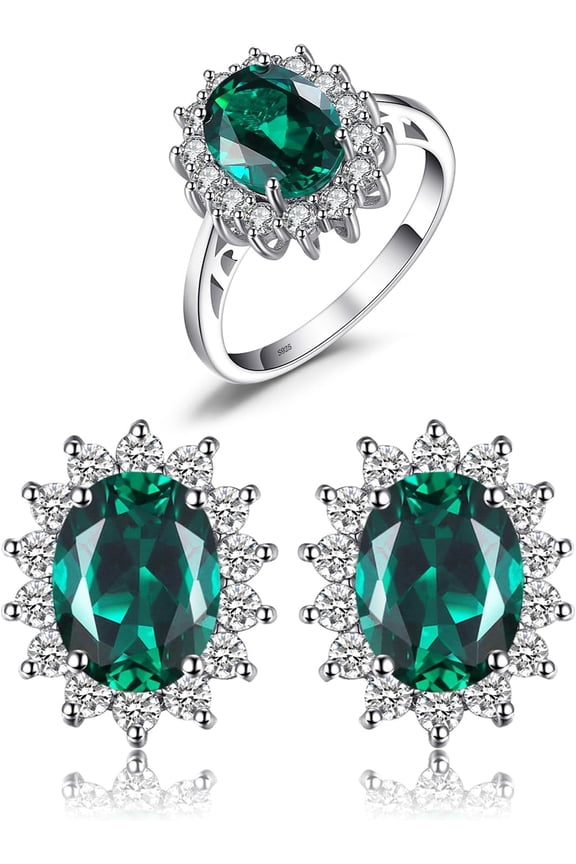 Princess Diana Kate Middleton Class Gemstone Birthstone Green Emerald Halo Statement Jewelry Set for Women, 14K White Gold Plated 925 Sterling Silver Promise Rings for Her 6.5