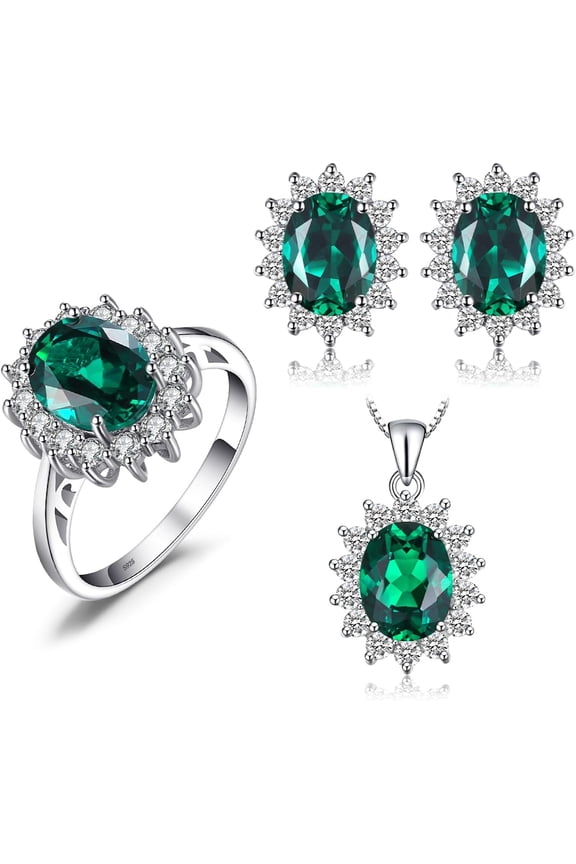 Princess Diana Kate Middleton Class Gemstone Birthstone Green Emerald Halo Statement Jewelry Sets for Women, 14K White Gold Plated 925 Sterling Silver Promise Rings for Her 6.5