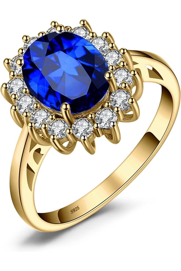 Princess Diana Kate Middleton Class Gemstone Birthstone Sapphire Halo Engagement Rings for Women, Anniversary 14K White Yellow Rose Gold Plated 925 Sterling Silver Promise Rings for Her