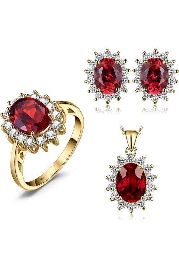 Princess Diana Kate Middleton Gemstone Birthstone Genuine Red Garnet Halo Sets for Women, Anniversary 14K White Gold Plated 925 Sterling Silver Promise Rings for Her Size 8