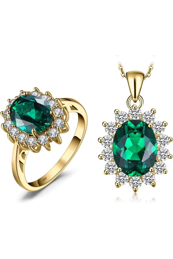 Princess Diana Kate Middleton Gemstone Birthstone Green Emerald Halo Jewelry Sets for Women, 14K Yellow Gold Plated 925 Sterling Silver Promise Ring for Her Size 7