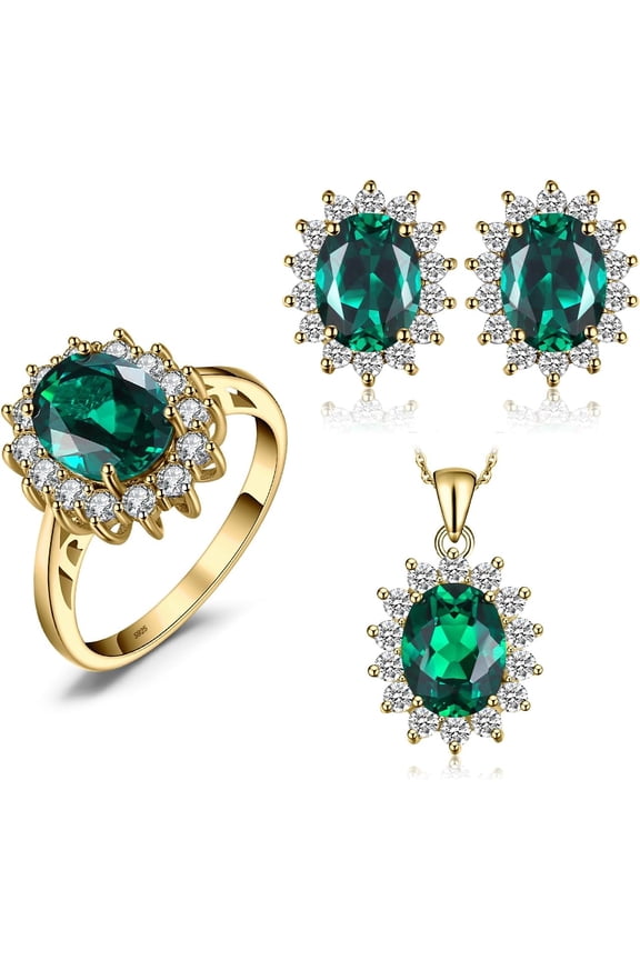 Princess Diana Kate Middleton Gemstone Birthstone Green Emerald Halo Jewelry Sets for Women, 14K Yellow Gold Plated 925 Sterling Silver Promise Rings for Her Size 7