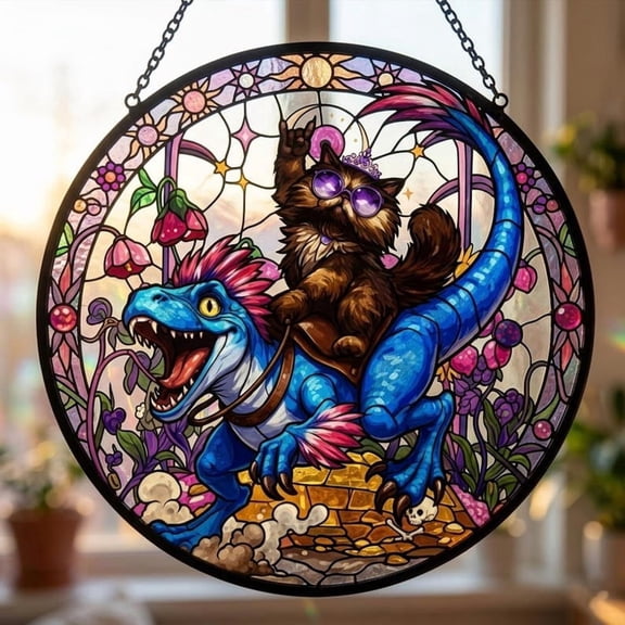 Princess Donut And Mongo Stained Glass Suncatcher, Dungeon Crawler Fantasy Book Reader Geeky Cat Lover Window Hanging, Gift For Crawlers