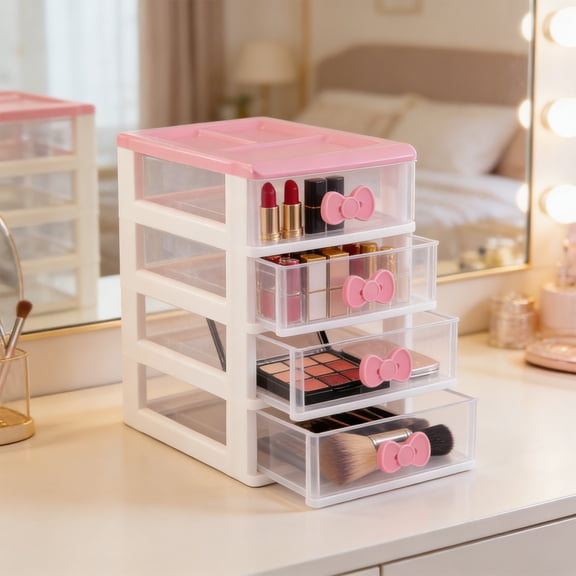 Princess Drawer-Style Plastic Makeup Storage Box, Multi-Layer Colored Desk Organizer for Office Vanity, Stackable, Pink