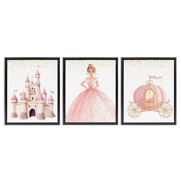 Stupell Industries Princess Dreams Collection 3 Piece Black Framed Floater Canvas Set, design by Christine Simpson Art