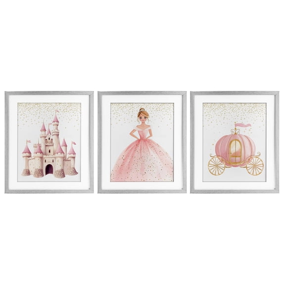 Stupell Industries Princess Dreams Collection 3 Piece Gray Framed Print Under Glass Set, design by Christine Simpson Art