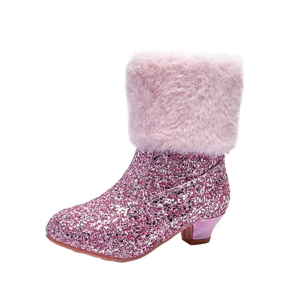Princess Dress Boots Girls Mid Calf Fuzzy Boots Glitter Sequins Low Heels Boots Toddler Little Big Kids Rhinestone Party Dance Wedding Boots