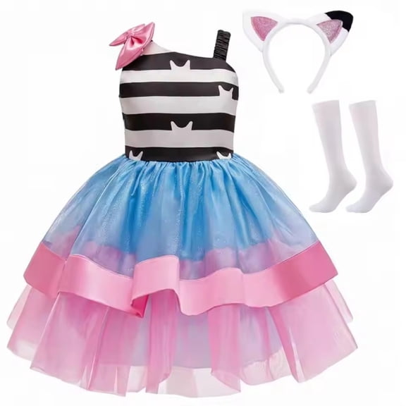 Princess Dress Costume Set, Striped Sleeveless Rainbow Party Dress Halloween Cosplay Outfit for 3-8Years