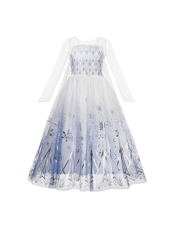 Snowflake Long‑Sleeve Princess Dress with Cape, Ice‑Queen Themed Costume Gown