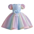thumbnail image 1 of Princess Dress Girls Birthday Easter Dress Flower Fairy Tale Mesh Puff Sleeve Tutu Mesh Layered Flowy Gowns Bowband Ruffled Frocks Night Dress #Sky Blue 5-6 Years, 1 of 7