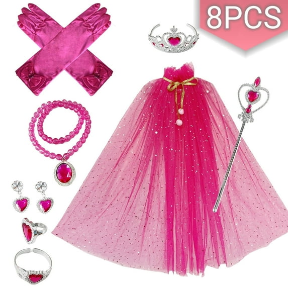 Princess Dress up Halloween Costumes Jewelry Princess Costume Dress Pretend Play Set for Gift for Christmas Birthday 7Pcs Pink