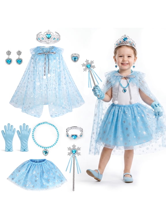 Princess Dress Up Toddler Girl Toys, Princess Dress Up Set with Toddler Tutu Costume, Princess Crown, Gloves, Wand, Rings, Pretend Play Toys for Girls 3 4 5 6 Year Old, Best Gifts for Girls - Blue