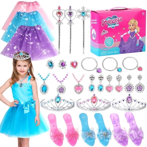 Princess Dress Up Toys & Princess Shoes, Toddler Girl Toys, Upgraded with 3 Sets, Include Jewelry, Crown, Shoes, Princess Wand, Girls Role Pretend Play Toys for 3 4 5 6 Years old Girl Gifts