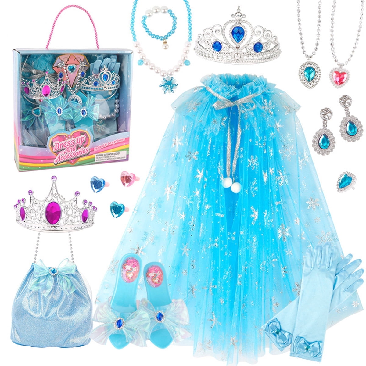 Princess Dress Up Costume Set Shoes Crown Jewelry with Princess Costume Capes for 3-12Y