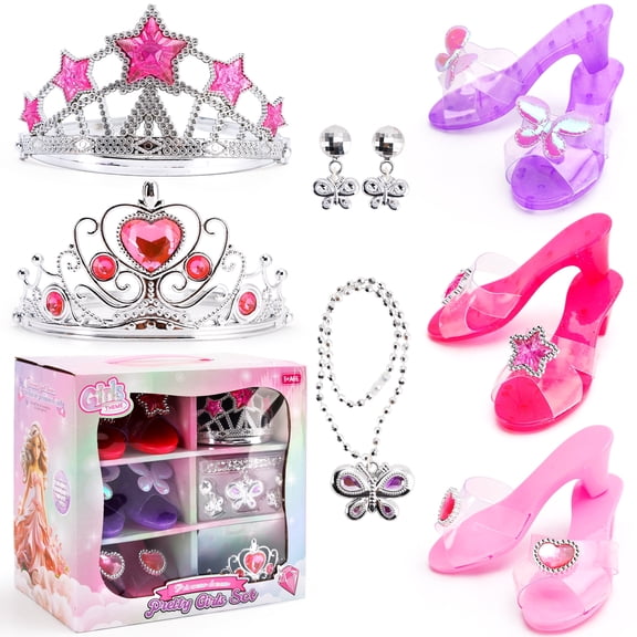 Princess Dress Up Shoes for Girls - Princess Heels, Tiaras, and Jewelry Set - Toddler Gifts for Ages 3, 4, 5, 6, Birthday Gifts for Girls