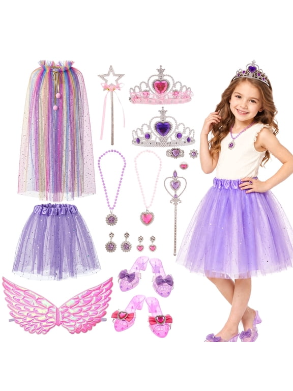 Princess Girls Dress Up Toys, 20 Pcs Princess Costume Dress Pretend Play Set for Girls, Birthday Gifts for Toddlers Kids 3 4 5 6+