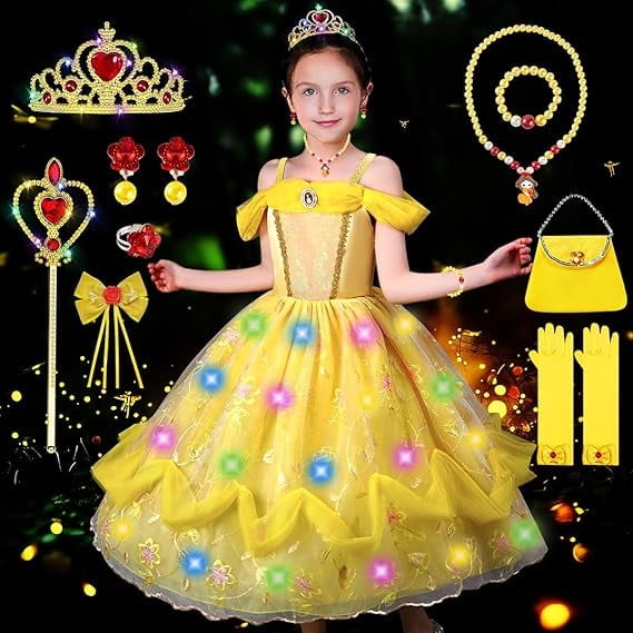 Princess Dress Up for Girls, Belle Costume Dress Light Up with Accessories for Birthday Party Cosplay Halloween Carnival