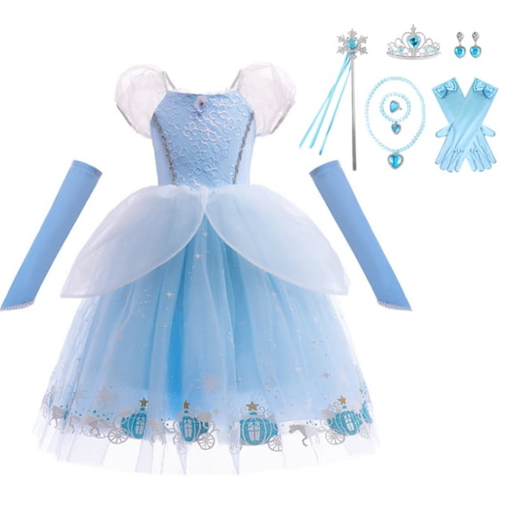 Princess Dress for Girls Puff Sleeves Princess Costume Blue Fancy Dress Up for Halloween Cosplay Party Carnival