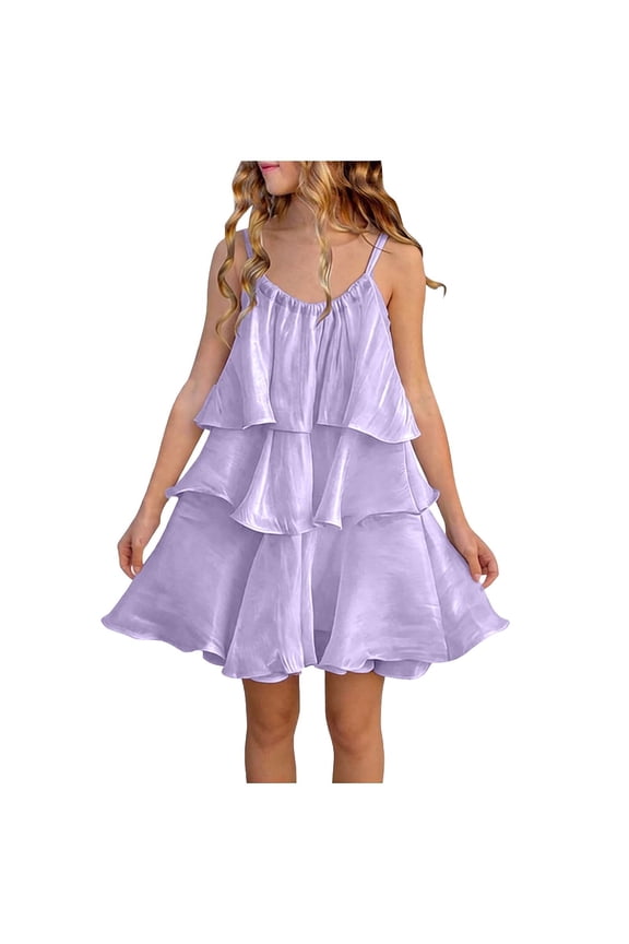 Princess Dress for Girls Ruffle Tiered Sleeveless A-Line Spaghetti Strap Kids Party Wedding Outfit Summer Casual Wear Polyester Purple,Size 1-2T