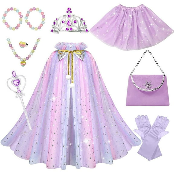 Princess Dress up Clothes for Little Girl, 11Pcs Princess Cape with Crown, Princess Dresses for Girl 3-8 Birthday Gift