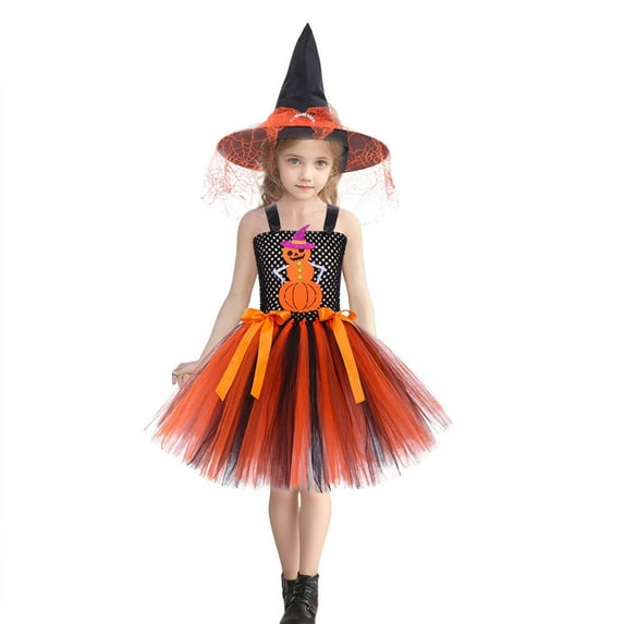 Princess Dress up Costumes for Girls Halloween Costume Kids Birthday Party Cosplay World Book Day Fancy Dress Clothes Orange with Hat 5-6 Years
