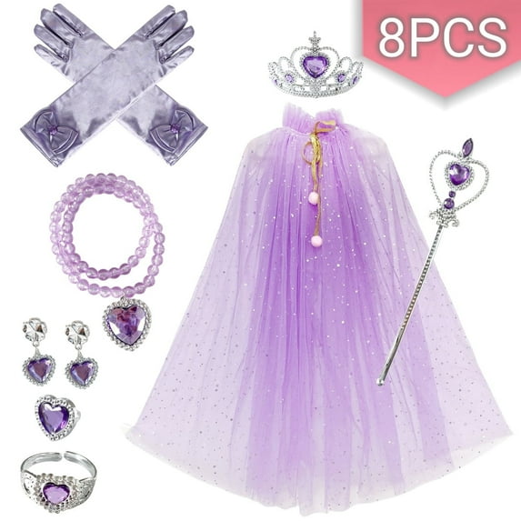 Princess Dress up Halloween Costumes Jewelry Princess Costume Dress Pretend Play Set Gift for Christmas Birthday 7Pcs Purple