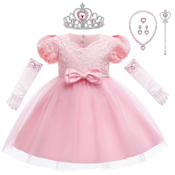 Princess Dress up Set for Girls Puff Sleeve Pink Costume Party Gown 3-10Y