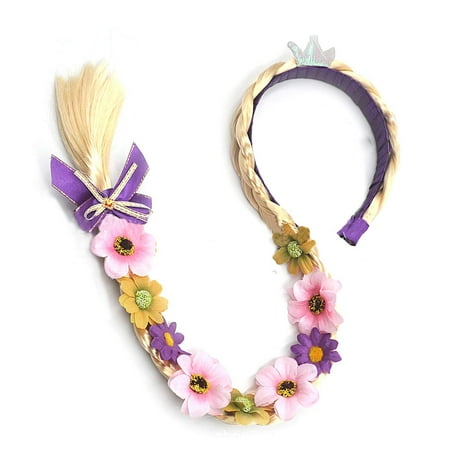 Princess Dress up Wigs, Princess Long Braided Wig Headbands with Tiara Flowers Adorn for Girls Costume Accessories, 29 Inch