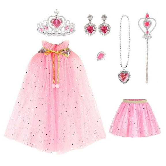 Princess Dress up for Little Girl, 7PC Sequins Tulle Princess Skirt Crown Set, Costumes Outfits