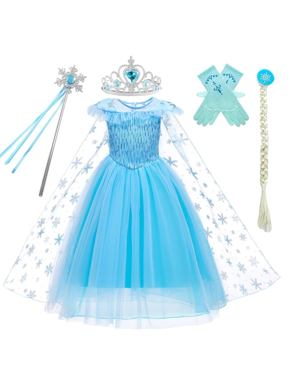 Princess Dresses Elsa Costume Elsa Dress Up for Toddler Girls Costume with Wig,Crown,Wand,Gloves 8-9 Years(D56-140)