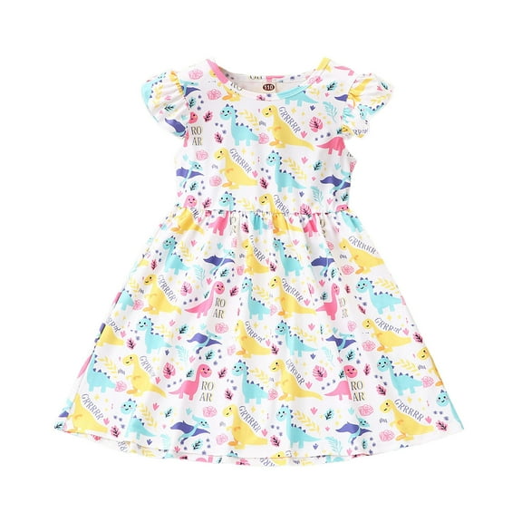 Princess Dresses Toddler Dresses 2T Girls Dress Short Sleeve Casual Dinosaur Sundress for Girl Yellow 18-24 Months