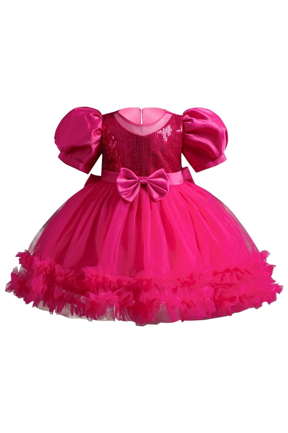Princess Dresses for Girls 1 Year Puff Sleeve Sequin Layered Tulle Dress Fashion Wedding Flower Girl Gown 6M-4T, Hot Pink, 6-12 Months